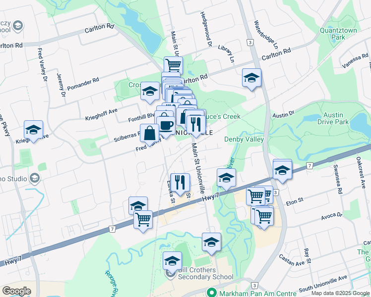 map of restaurants, bars, coffee shops, grocery stores, and more near 7 Station Lane in Markham
