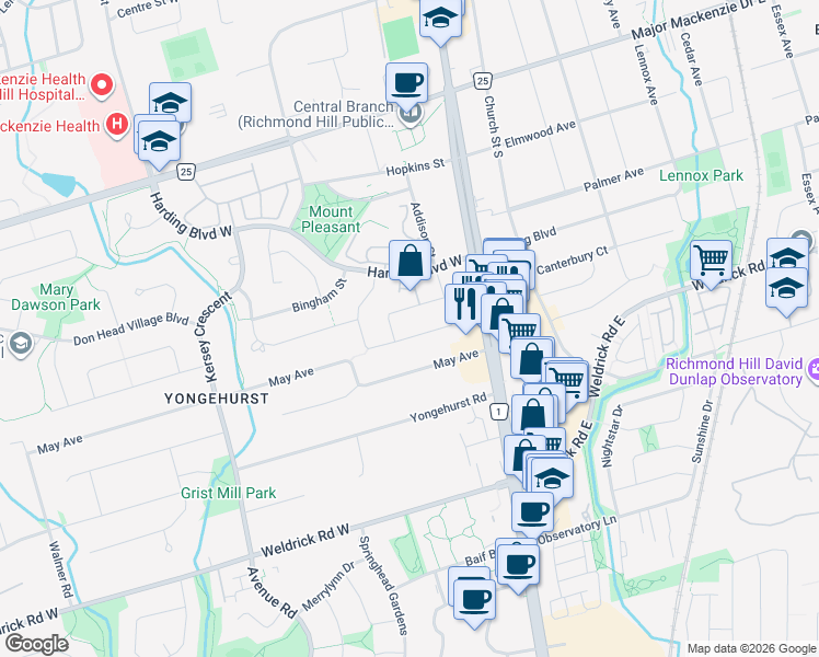 map of restaurants, bars, coffee shops, grocery stores, and more near 32 Addison Street in Richmond Hill