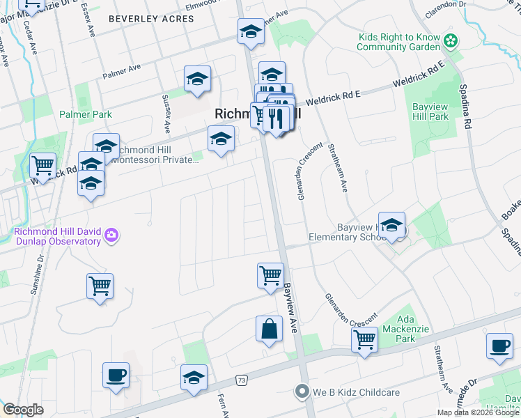 map of restaurants, bars, coffee shops, grocery stores, and more near 26 Callisto Lane in Richmond Hill