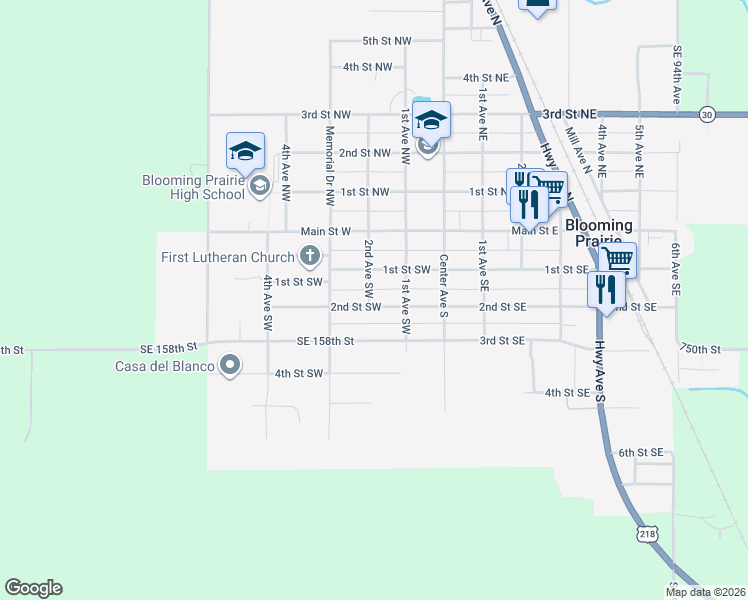 map of restaurants, bars, coffee shops, grocery stores, and more near 244 2nd Street Southwest in Blooming Prairie