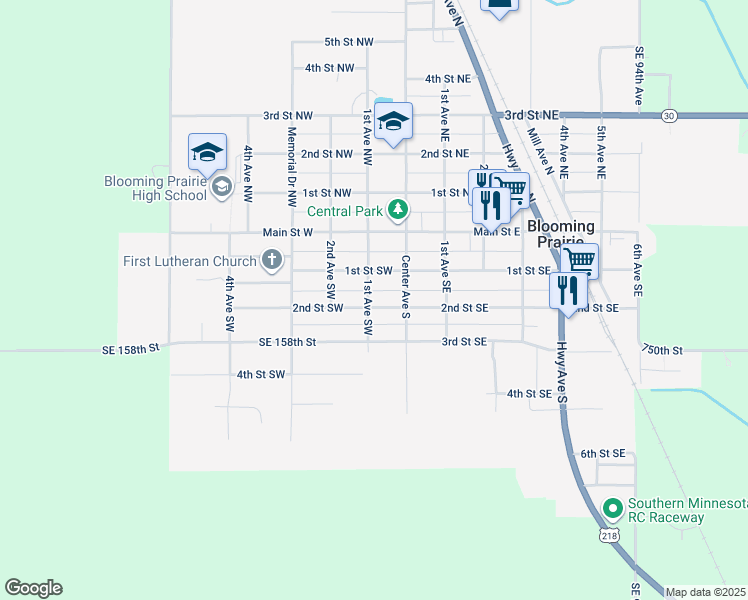 map of restaurants, bars, coffee shops, grocery stores, and more near 142 2nd Street Southeast in Blooming Prairie