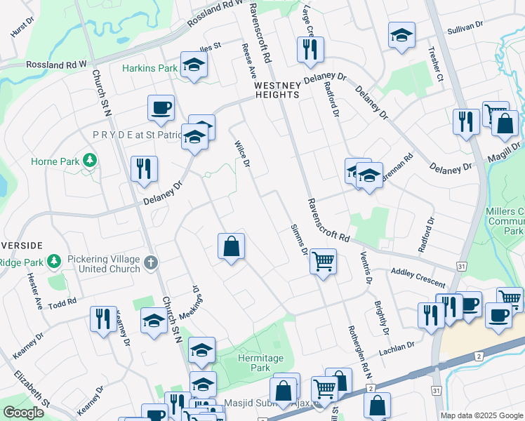 map of restaurants, bars, coffee shops, grocery stores, and more near 42 Wilce Drive in Ajax