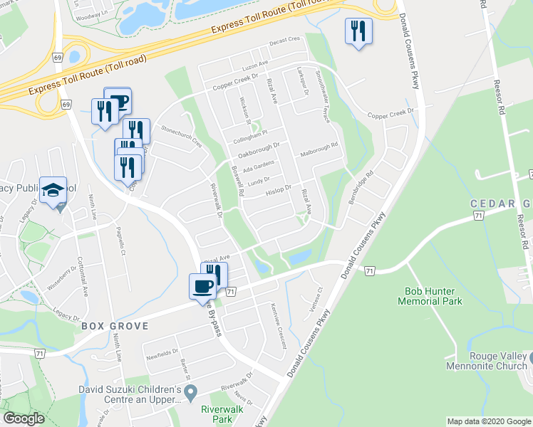 map of restaurants, bars, coffee shops, grocery stores, and more near 13 Hawkweed Manor in Markham