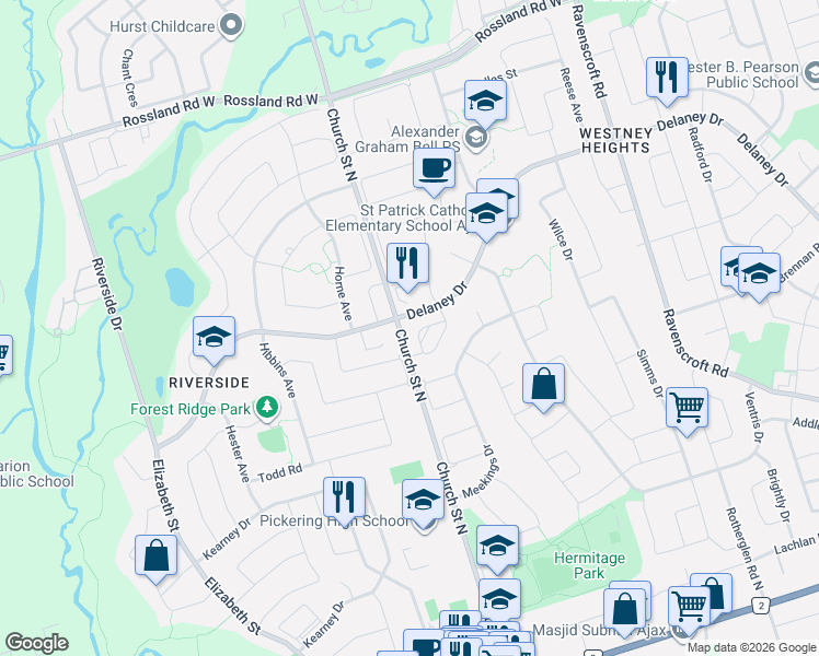 map of restaurants, bars, coffee shops, grocery stores, and more near 523 Church Street North in Ajax