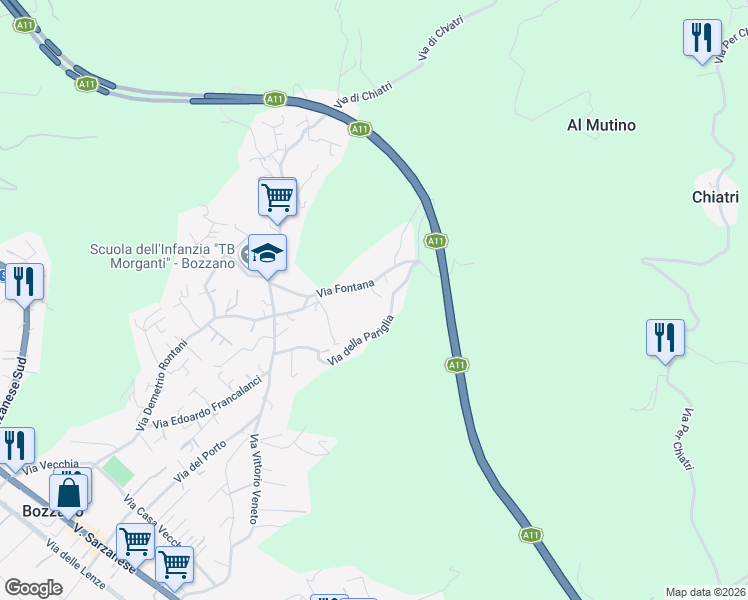 map of restaurants, bars, coffee shops, grocery stores, and more near 358A Via Fontana in Bozzano