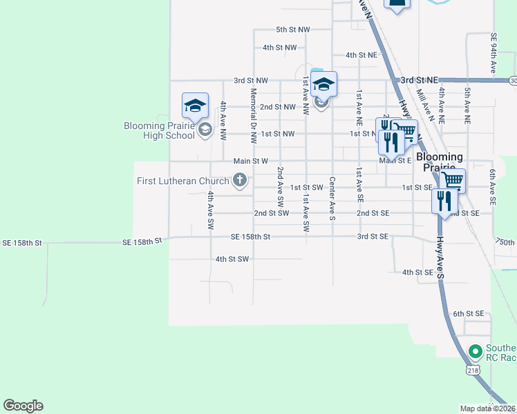 map of restaurants, bars, coffee shops, grocery stores, and more near 239 Memorial Drive Southwest in Blooming Prairie