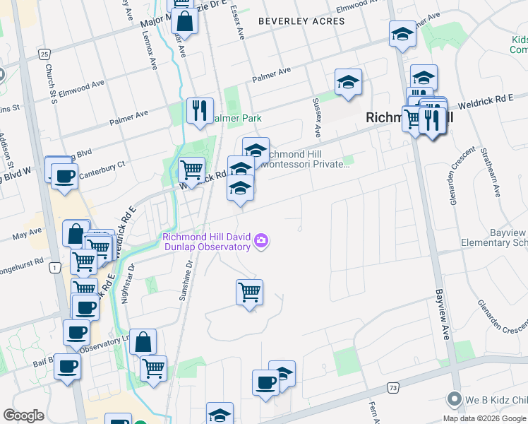 map of restaurants, bars, coffee shops, grocery stores, and more near 147 Hillsview Drive in Richmond Hill
