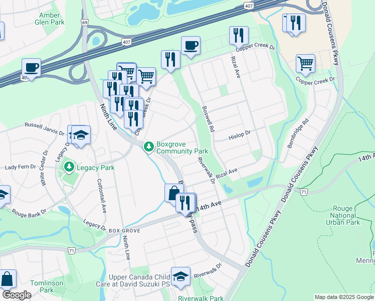 map of restaurants, bars, coffee shops, grocery stores, and more near 12 Albert Roffey Crescent in Markham