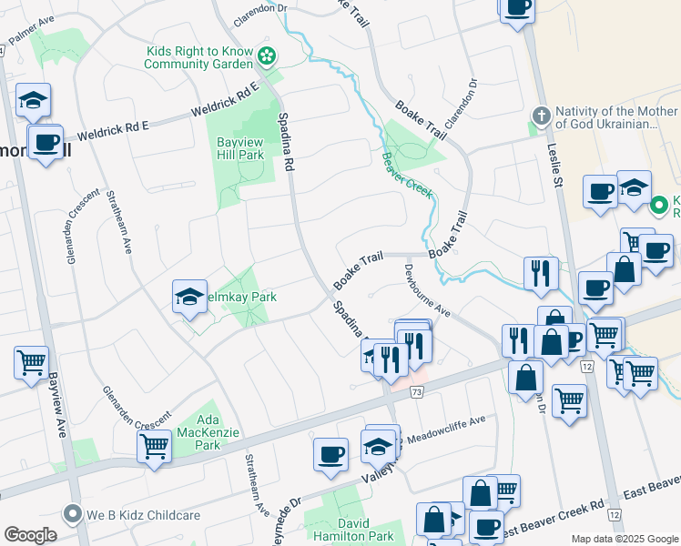 map of restaurants, bars, coffee shops, grocery stores, and more near 2 Lytton Boulevard in Richmond Hill