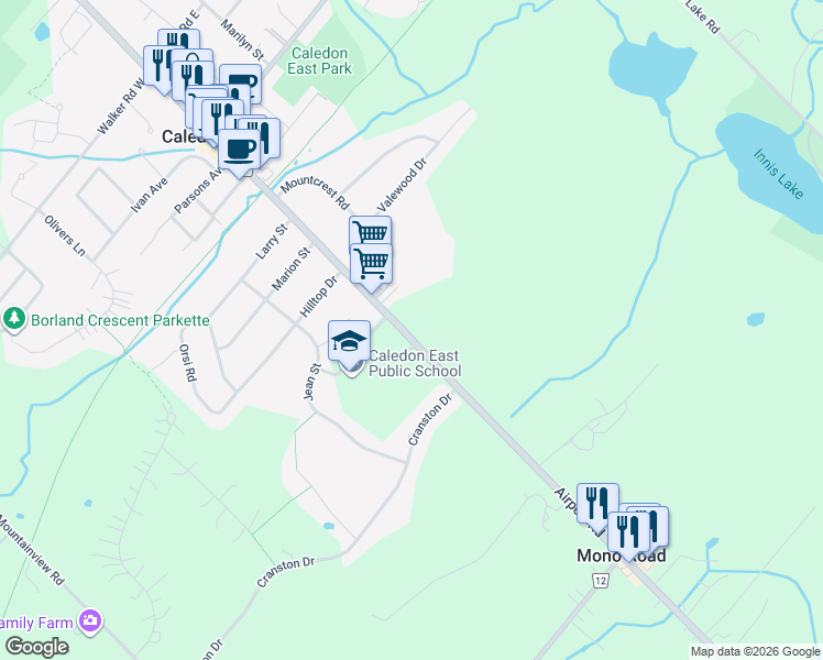 map of restaurants, bars, coffee shops, grocery stores, and more near 15717 Airport Road in Regional Municipality of Peel
