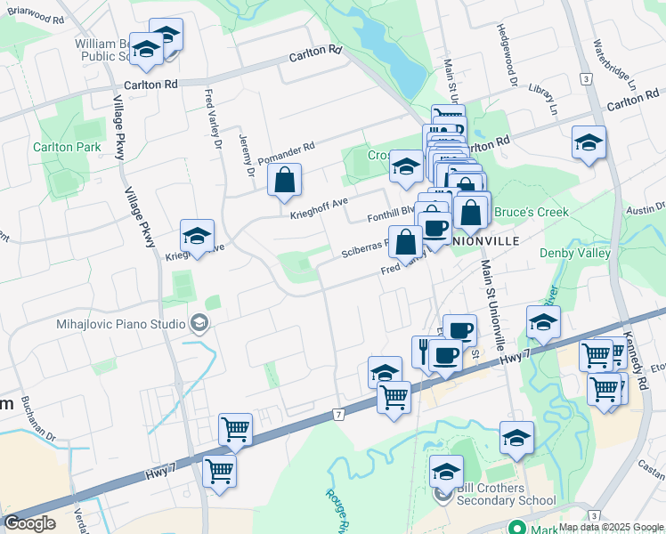 map of restaurants, bars, coffee shops, grocery stores, and more near 67 Sciberras Road in Markham