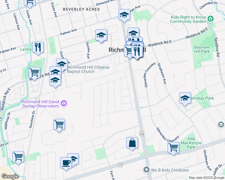 map of restaurants, bars, coffee shops, grocery stores, and more near 175 Milky Way Drive in Richmond Hill