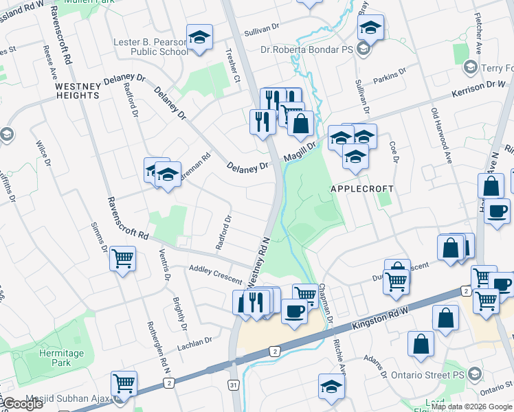 map of restaurants, bars, coffee shops, grocery stores, and more near 13 Brocklesby Crescent in Ajax