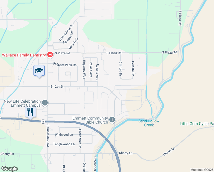 map of restaurants, bars, coffee shops, grocery stores, and more near 1122 Royalty Avenue in Emmett