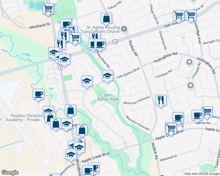 map of restaurants, bars, coffee shops, grocery stores, and more near 141 John Button Boulevard in Markham