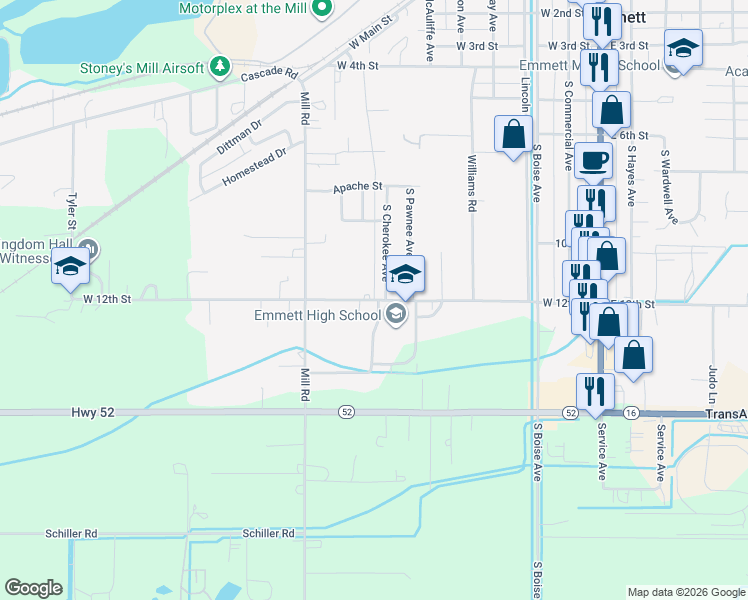map of restaurants, bars, coffee shops, grocery stores, and more near 721 West 12th Street in Emmett