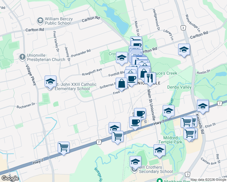 map of restaurants, bars, coffee shops, grocery stores, and more near 51 Fred Varley Drive in Markham