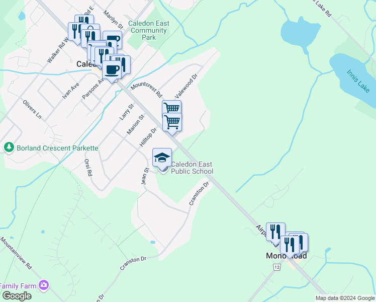 map of restaurants, bars, coffee shops, grocery stores, and more near 15717 Airport Road in Kleinburg Station