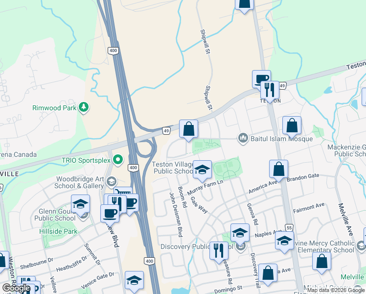 map of restaurants, bars, coffee shops, grocery stores, and more near 18 Zafarullah Khan Crescent in Vaughan