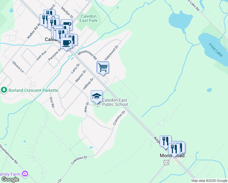 map of restaurants, bars, coffee shops, grocery stores, and more near 15693 Airport Road in Caledon East
