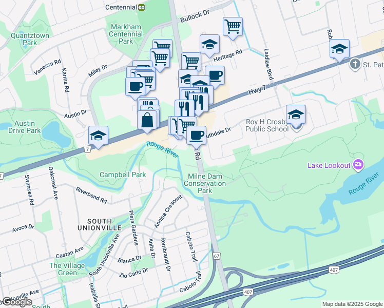 map of restaurants, bars, coffee shops, grocery stores, and more near 8310 McCowan Road in Markham