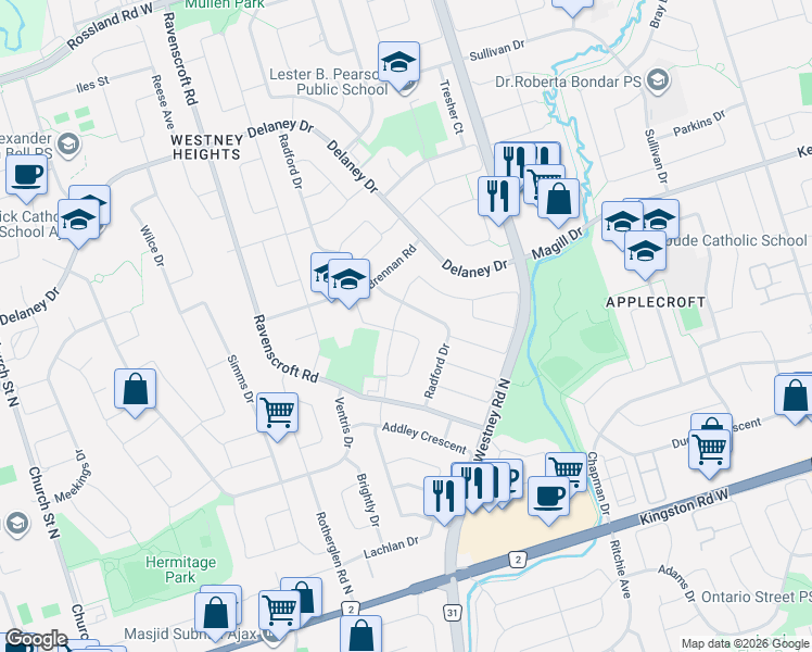map of restaurants, bars, coffee shops, grocery stores, and more near in Ajax