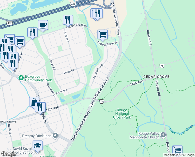 map of restaurants, bars, coffee shops, grocery stores, and more near 32 Gooseman Crescent in Markham