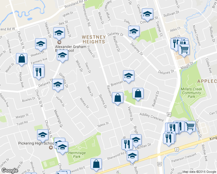 map of restaurants, bars, coffee shops, grocery stores, and more near 100 Ravenscroft Rd in Ajax