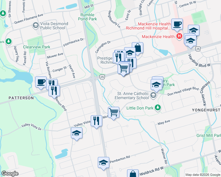 map of restaurants, bars, coffee shops, grocery stores, and more near 2 Mair Court in Richmond Hill