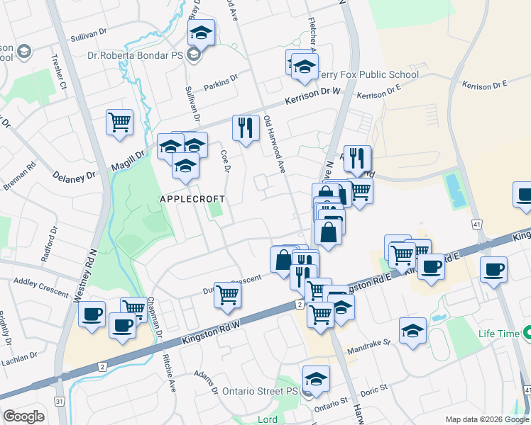 map of restaurants, bars, coffee shops, grocery stores, and more near 15 Coomer Crescent in Ajax