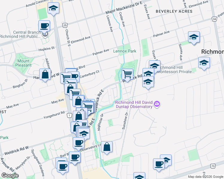 map of restaurants, bars, coffee shops, grocery stores, and more near 95 Weldrick Road East in Richmond Hill