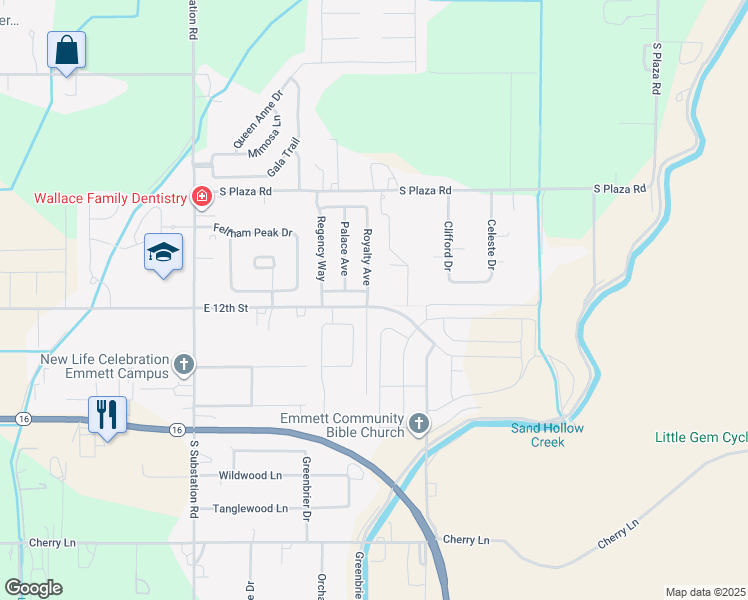 map of restaurants, bars, coffee shops, grocery stores, and more near 1122 Royalty Avenue in Emmett