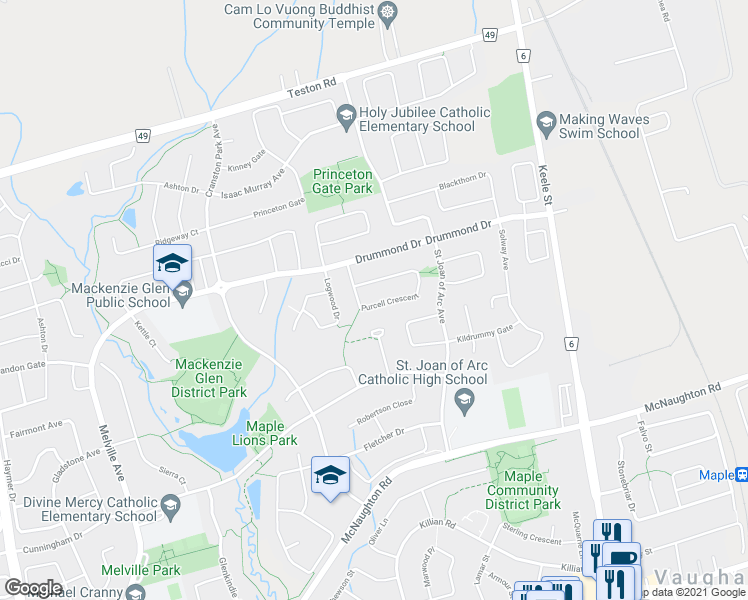 map of restaurants, bars, coffee shops, grocery stores, and more near 65 Purcell Crescent in Vaughan