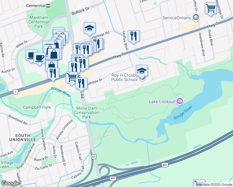 map of restaurants, bars, coffee shops, grocery stores, and more near 143 Drakefield Road in Markham