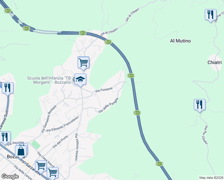 map of restaurants, bars, coffee shops, grocery stores, and more near 358A Via Fontana in Bozzano