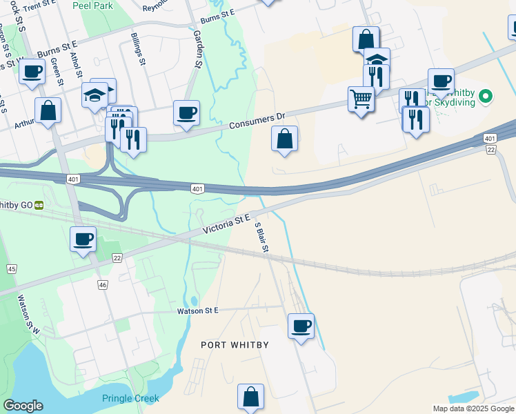 map of restaurants, bars, coffee shops, grocery stores, and more near 600 Victoria Street East in Whitby