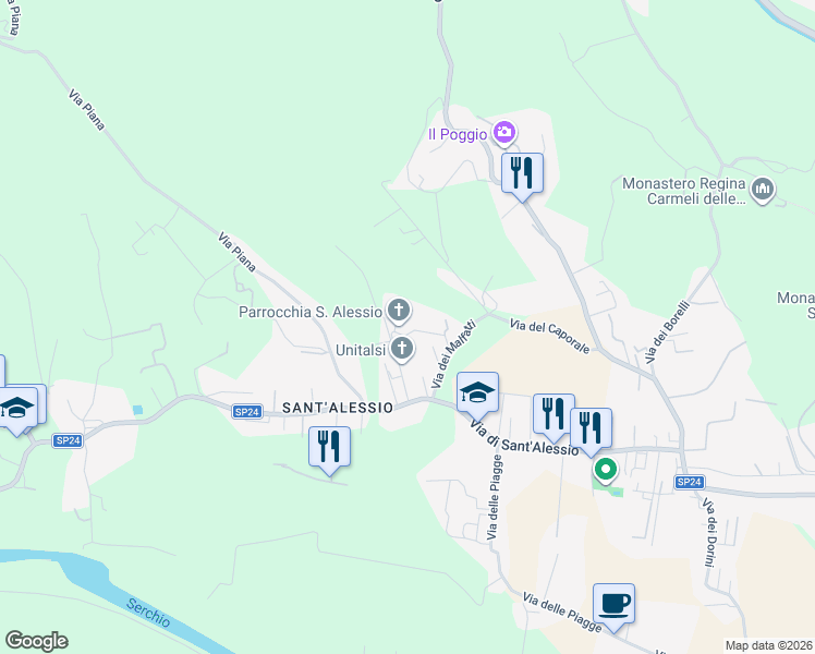 map of restaurants, bars, coffee shops, grocery stores, and more near 127 Via della Chiesa in Lucca