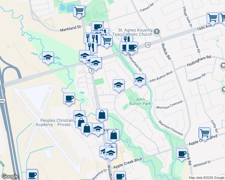 map of restaurants, bars, coffee shops, grocery stores, and more near 5 Captain Francis Drive in Markham