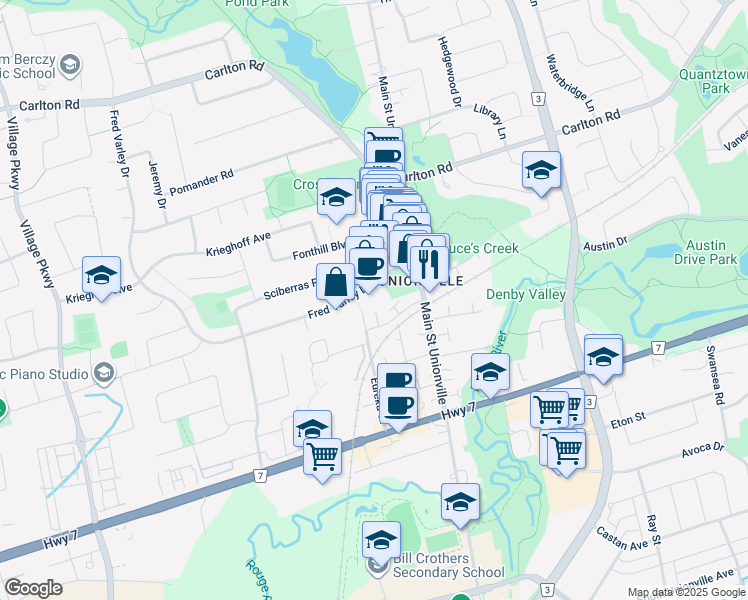 map of restaurants, bars, coffee shops, grocery stores, and more near 20 Fred Varley Drive in Markham