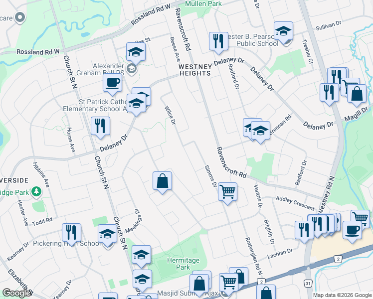 map of restaurants, bars, coffee shops, grocery stores, and more near 55 Wilce Drive in Ajax