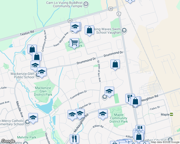map of restaurants, bars, coffee shops, grocery stores, and more near Purcell Crescent in Vaughan