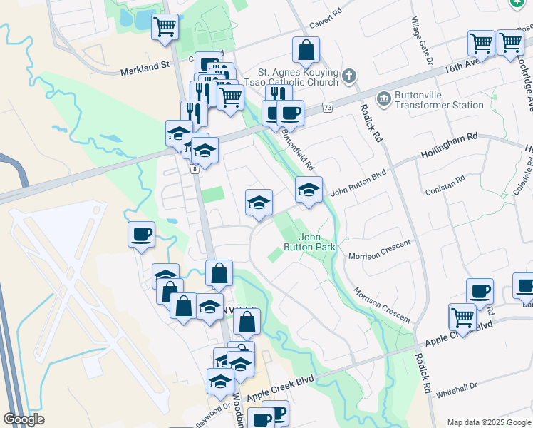 map of restaurants, bars, coffee shops, grocery stores, and more near 1 Major Elliot Court in Markham