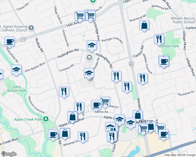 map of restaurants, bars, coffee shops, grocery stores, and more near 34 Loweswater Avenue in Markham