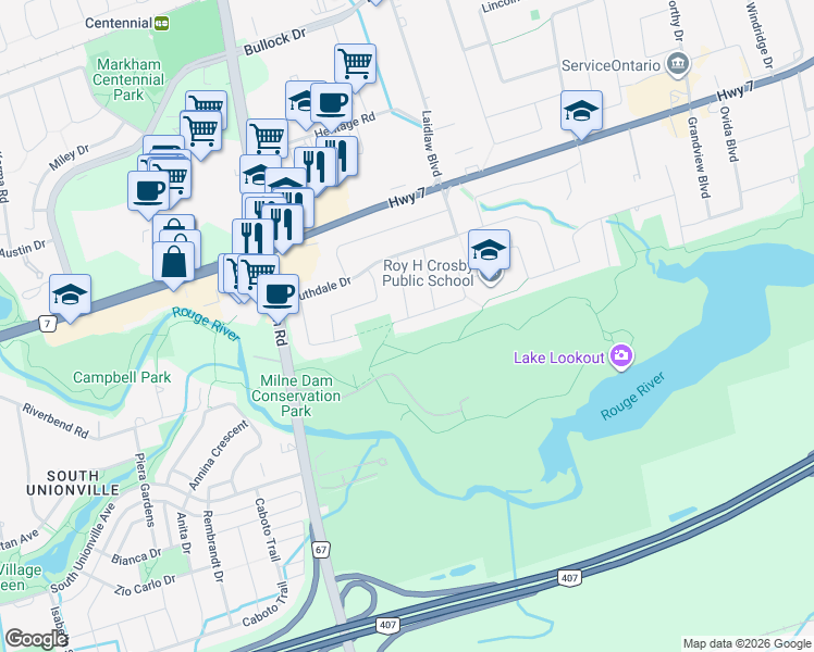map of restaurants, bars, coffee shops, grocery stores, and more near 143 Drakefield Road in Markham