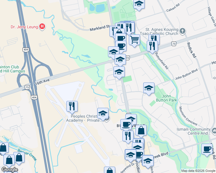 map of restaurants, bars, coffee shops, grocery stores, and more near 23 Drew Kelly Way in Markham