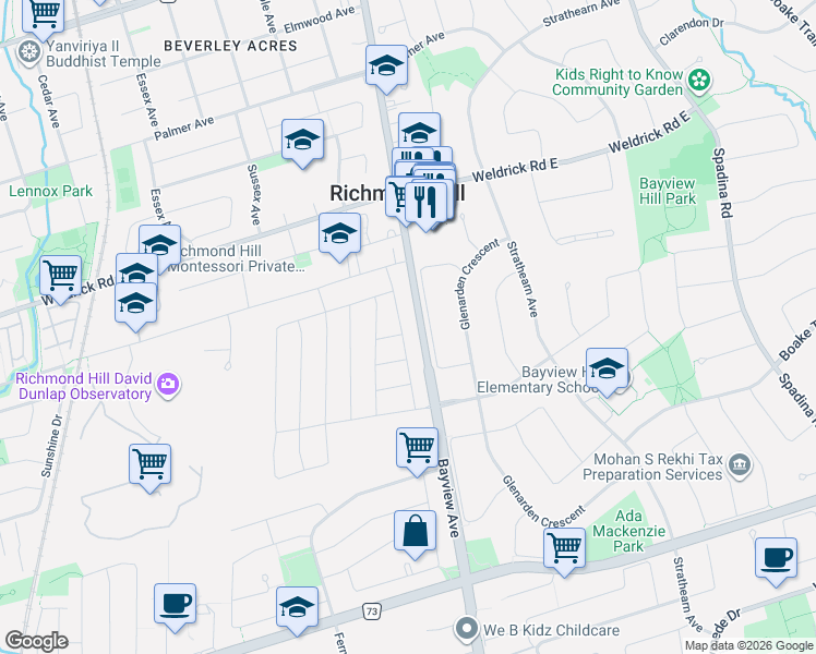 map of restaurants, bars, coffee shops, grocery stores, and more near 9436 Bayview Avenue in Richmond Hill