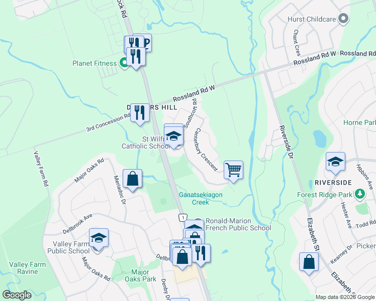 map of restaurants, bars, coffee shops, grocery stores, and more near 2340 Southcott Road in Pickering