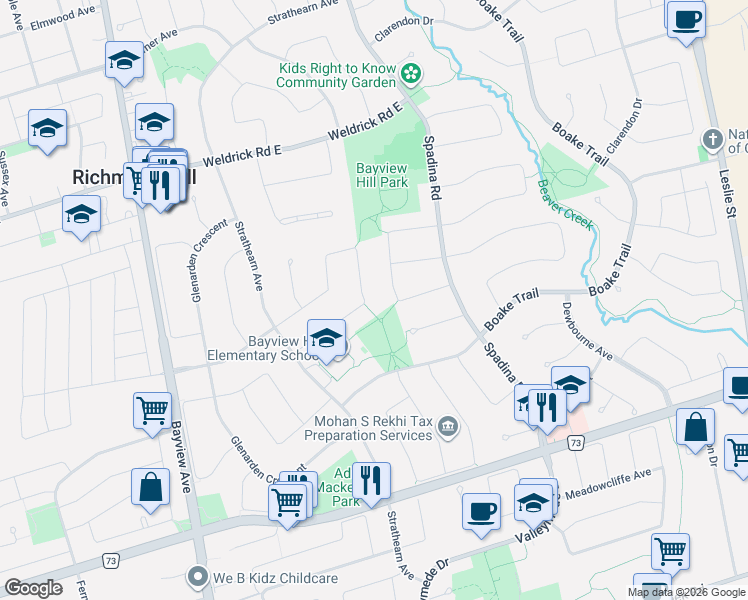 map of restaurants, bars, coffee shops, grocery stores, and more near 31 Glenayr Road in Richmond Hill