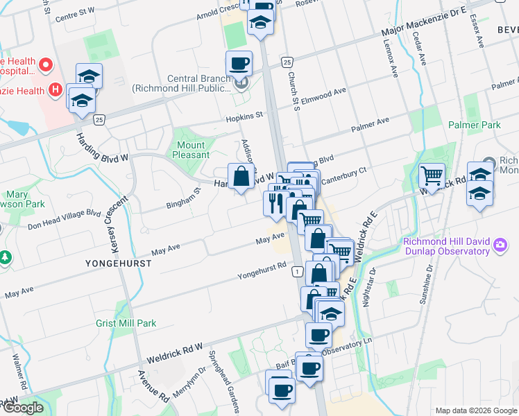 map of restaurants, bars, coffee shops, grocery stores, and more near 50 Addison Street in Richmond Hill