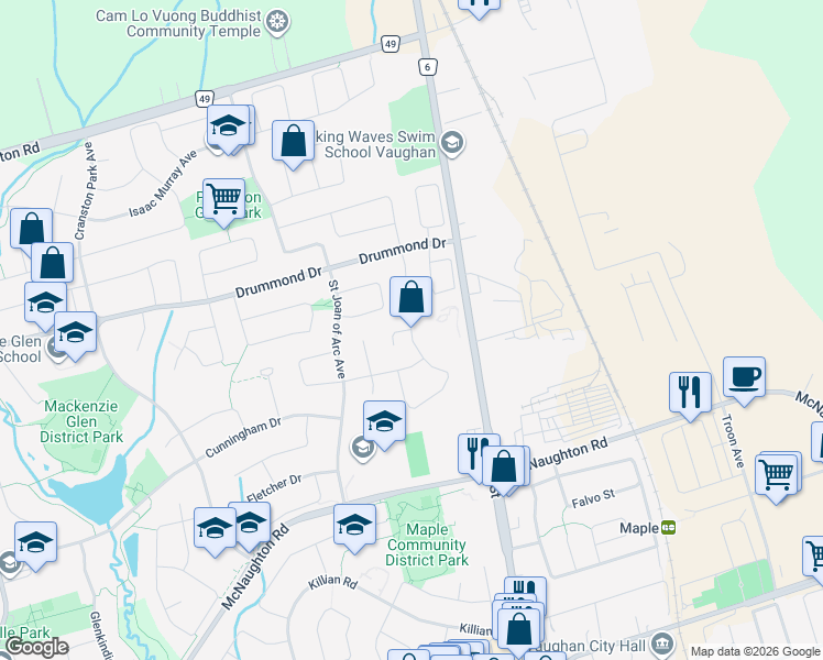 map of restaurants, bars, coffee shops, grocery stores, and more near Solway Avenue in Vaughan